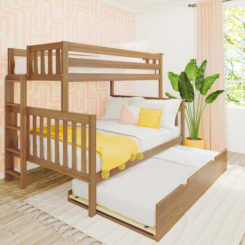 Wooden bunk bed with pull-out trundle in a bright modern kids' bedroom with pastel peach geometric wallpaper, yellow bedding accents, potted plant and sunlit window