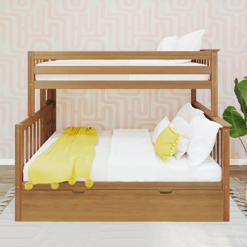 Wooden bunk bed in kids bedroom with white linens, yellow throw and pom-pom pillow, pastel pink geometric wallpaper, plant and under-bed storage drawer