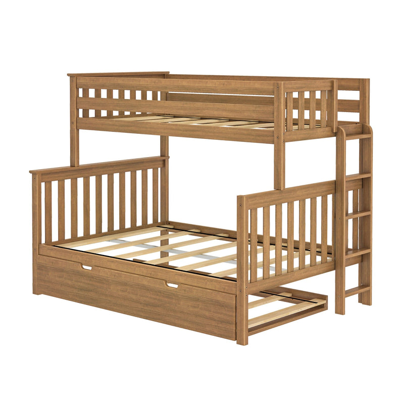 Solid wood bunk bed with ladder, slatted headboards, top guardrail and under-bed storage drawer in natural oak finish