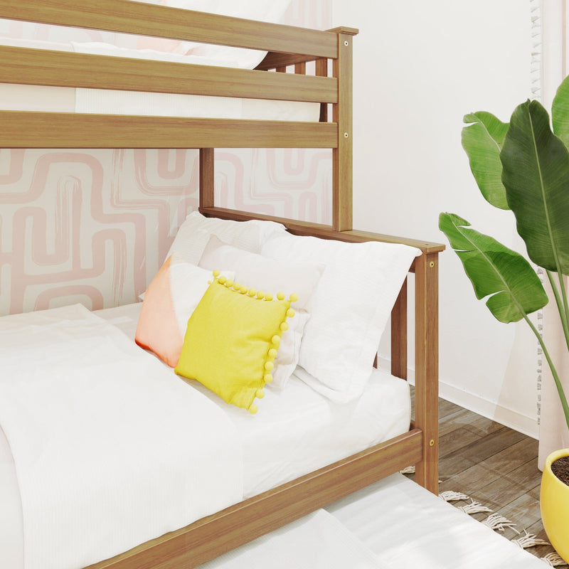 Modern wooden bunk bed with crisp white bedding and yellow pom-pom pillow in stylish kids' bedroom with pink geometric wallpaper and banana-leaf plant