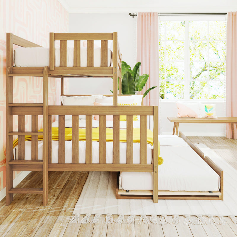 Natural wood bunk bed in a bright kids’ room with pink curtains, yellow bedding, green plant and large sunlit window