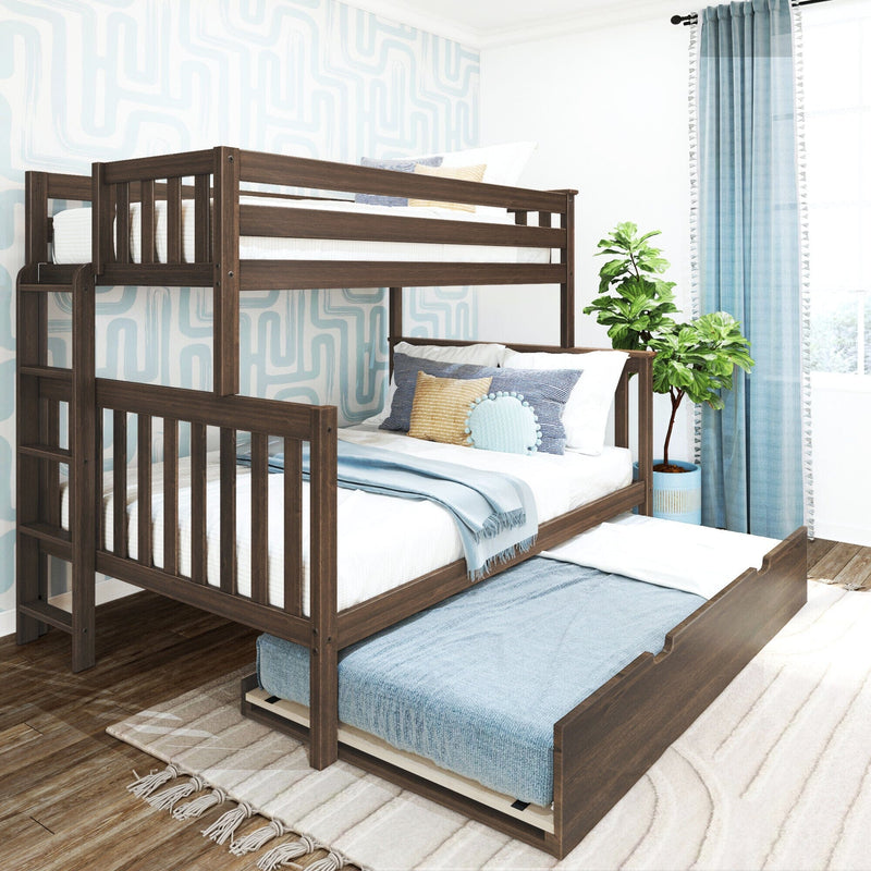 Space-saving wooden bunk bed with pull-out trundle, blue bedding, patterned wallpaper and potted plant in modern kids' bedroom