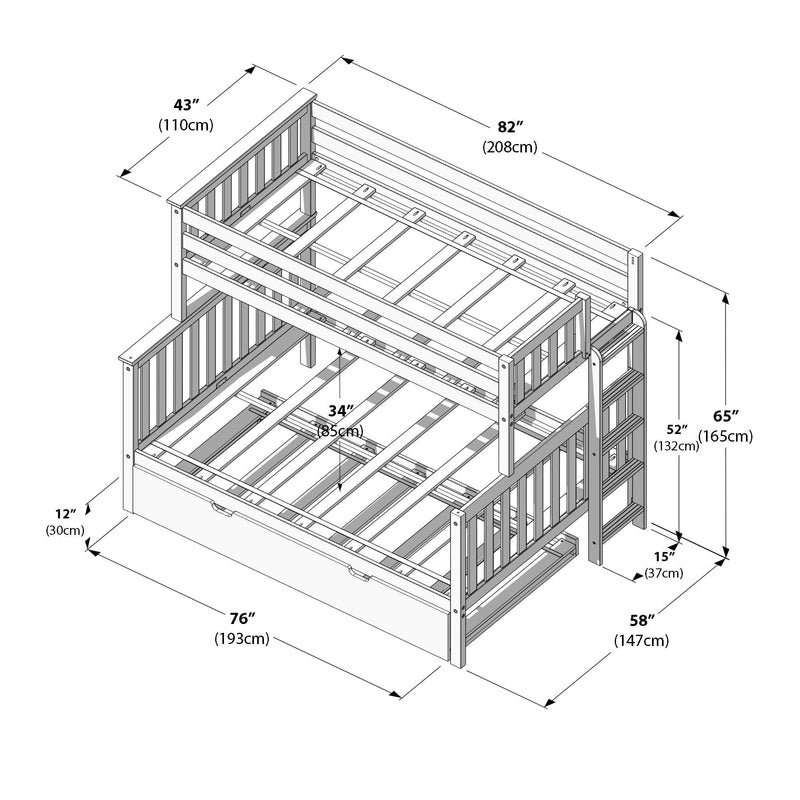 Twin-over-full wooden bunk bed assembly diagram and dimensions, loft-style slatted frame with guardrails, side ladder and under-bed storage drawer, measurements labeled in inches and centimeters (82" x 76" x 65" / 208 x 193 x 165 cm)