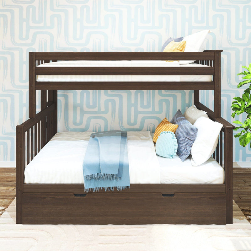Dark wood twin-over-twin bunk bed with white bedding, blue throw and decorative pillows against light blue geometric wallpaper in a modern kids' bedroom with under-bed storage and potted plant