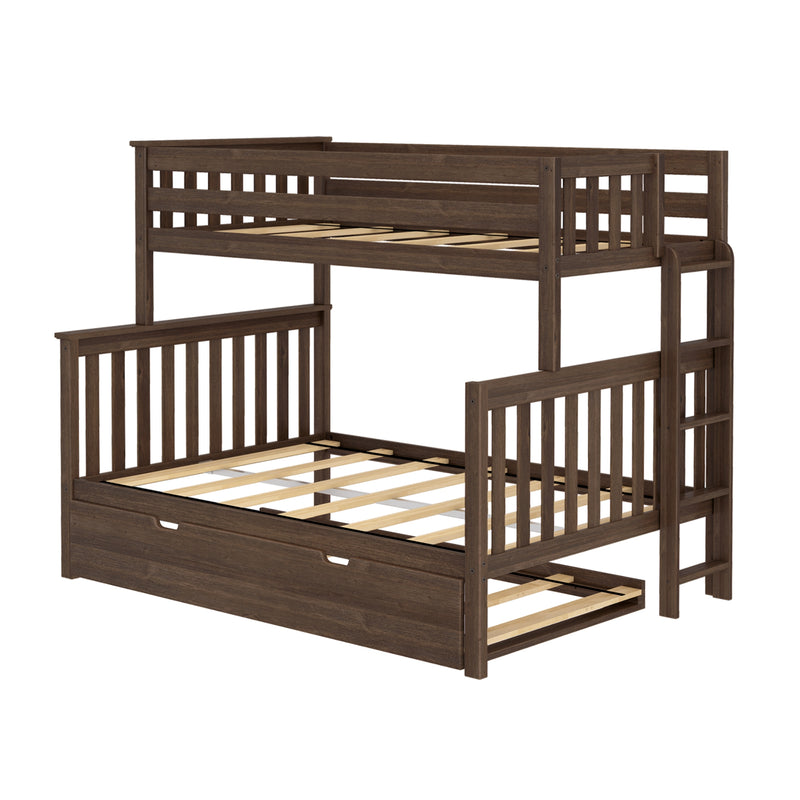 Dark brown wooden twin-over-full bunk bed with ladder, slatted headboards and guardrails, and under-bed storage drawer