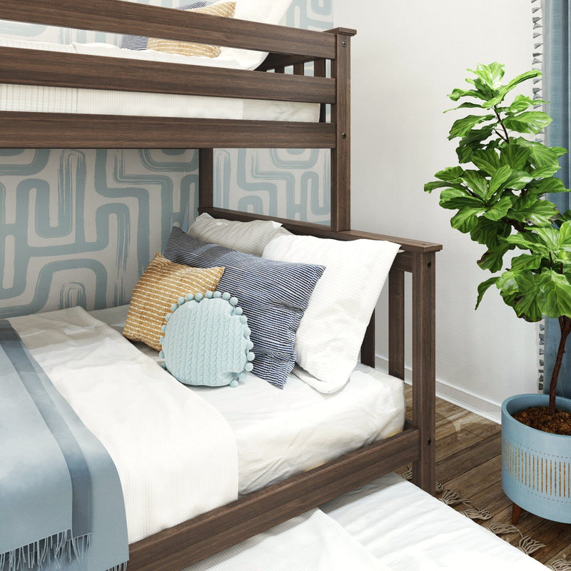 Modern wooden bunk bed in kids' bedroom with white and blue bedding, striped pillows, geometric wallpaper and fiddle-leaf fig plant