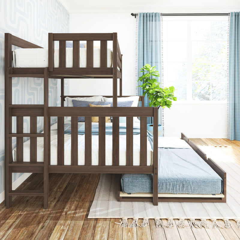 Wooden bunk bed in bright modern kids' bedroom with blue curtains, striped bedding, hardwood floor and potted plant