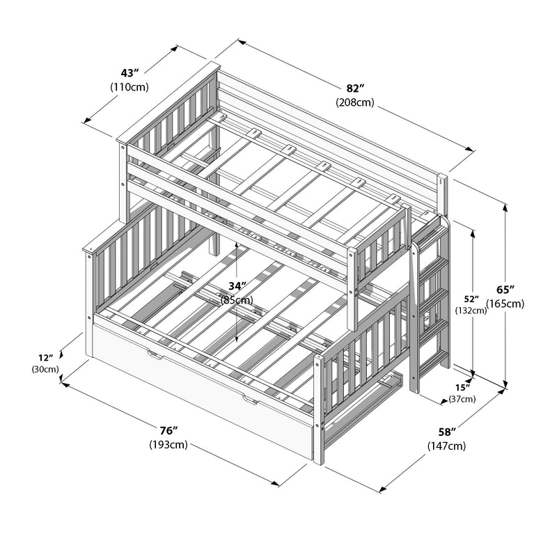 Isometric assembly diagram of a wooden bunk bed frame with ladder, safety rails and trundle drawer, annotated with dimensions in inches and centimeters (82" x 76" / 208cm x 193cm) for product listing and space planning