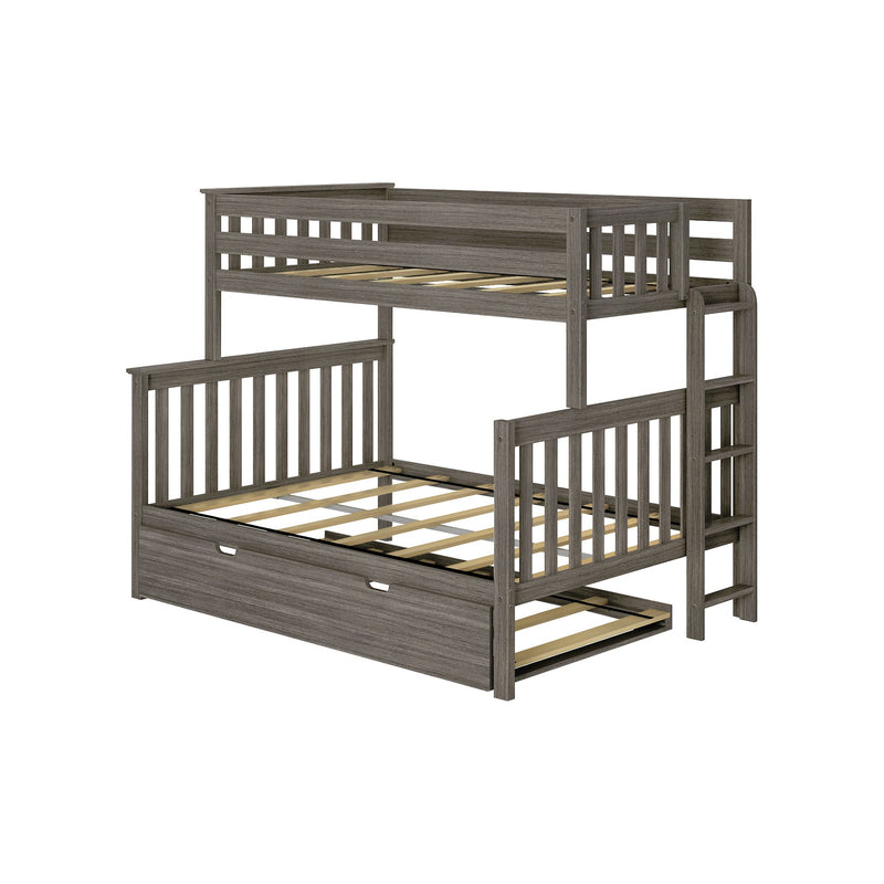 Gray wood twin-over-full bunk bed with ladder, slatted headboards and footboards, wooden slat support and under-bed trundle drawer — modern space-saving kids' bedroom furniture