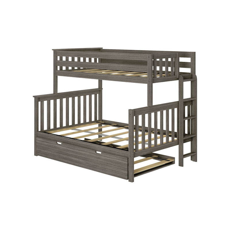 Gray wood twin-over-full bunk bed with ladder, slatted headboards and footboards, wooden slat support and under-bed trundle drawer — modern space-saving kids' bedroom furniture