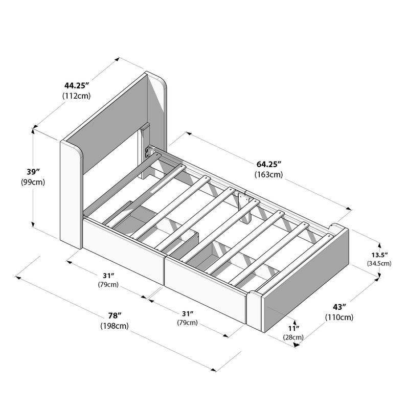 Isometric assembly diagram of a wooden platform bed frame with slatted support, storage compartments, headboard and footboard, labeled dimensions in inches and centimeters (78″/198cm length, 64.25″/163cm width, 44.25″/112cm headboard width, 39″/99cm headboard height, 43″/110cm footboard)
