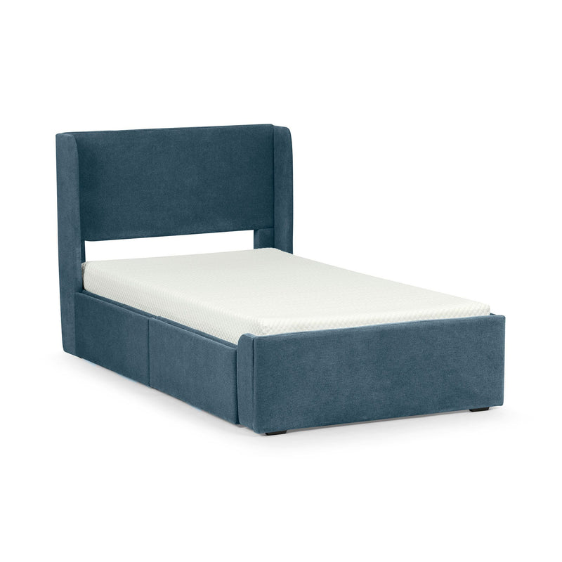 Blue upholstered twin storage bed with padded headboard and white mattress, modern fabric platform bed frame for bedroom