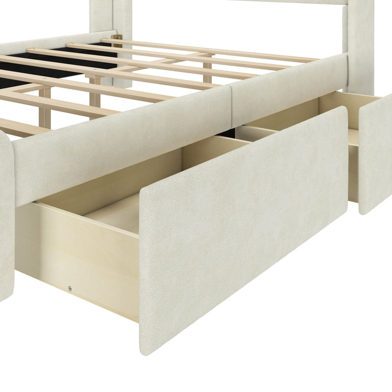 Cream upholstered platform storage bed with wooden slat support and built-in under-bed drawers, modern bedroom furniture