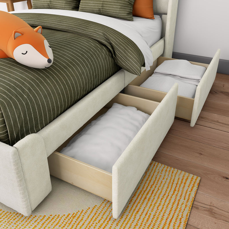 Platform bed with pull-out under-bed storage drawers, olive green pinstripe duvet and orange fox plush pillow