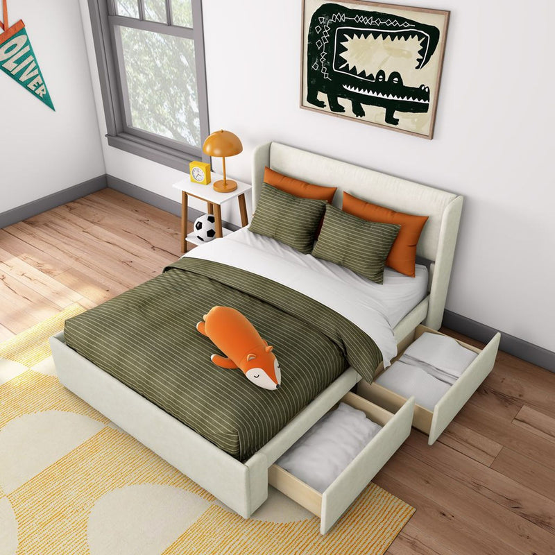 Kids bedroom with storage bed and pull-out drawers, green striped bedding, orange accent pillows and fox toy, crocodile wall art, wood floor
