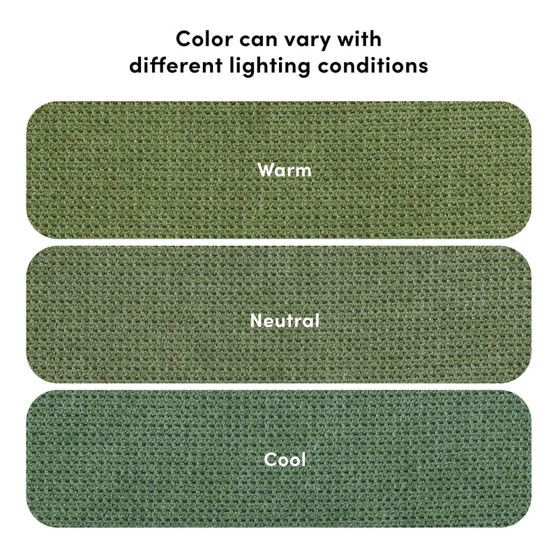Green fabric swatches showing color variation under different lighting conditions — warm, neutral, and cool tones with visible woven texture