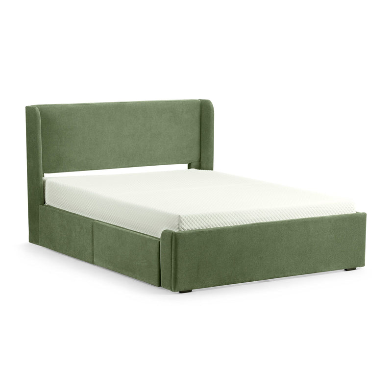 Green upholstered platform bed with padded headboard and under-bed storage drawers, modern bed frame with mattress