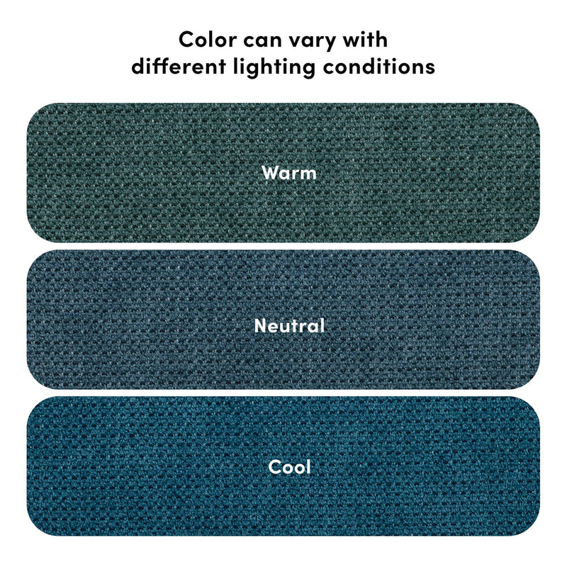 Teal and blue textured carpet color swatches labeled Warm Neutral Cool with heading Color can vary with different lighting conditions showing lighting comparison for flooring and upholstery color selection