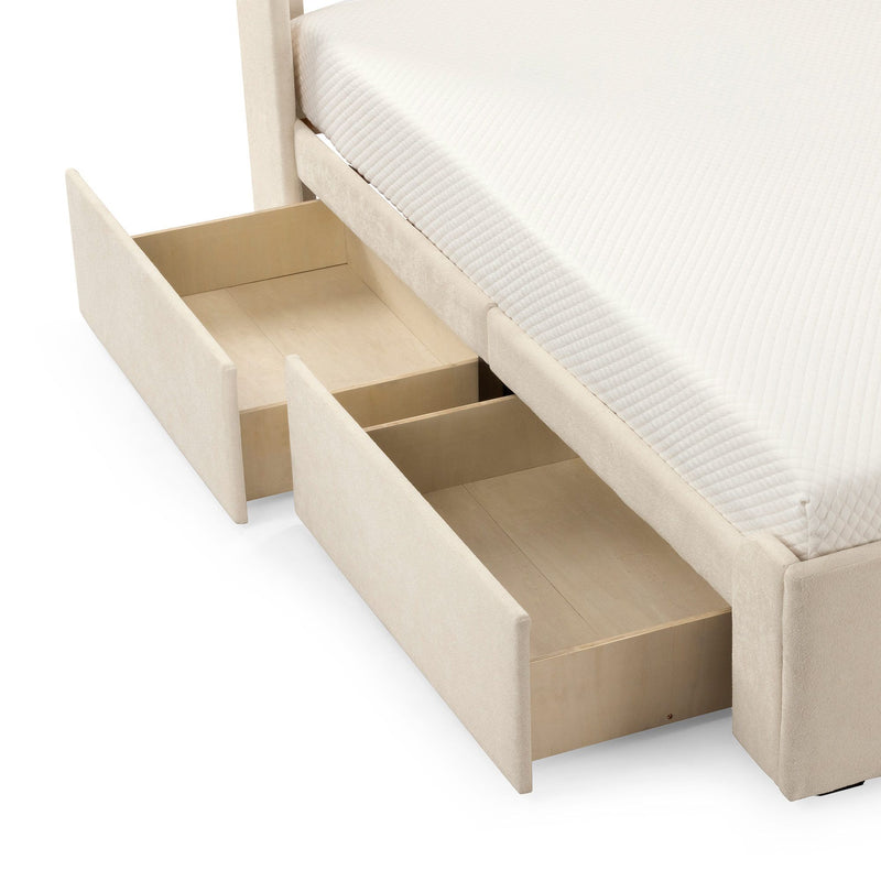 Cream upholstered platform storage bed with white quilted mattress and two large wooden under-bed pull-out drawers