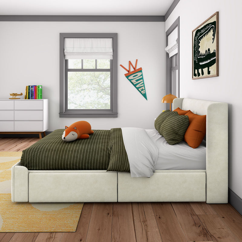Child's bedroom with green striped bedding, orange fox plush, Oliver pennant, dinosaur wall art, white dresser with books