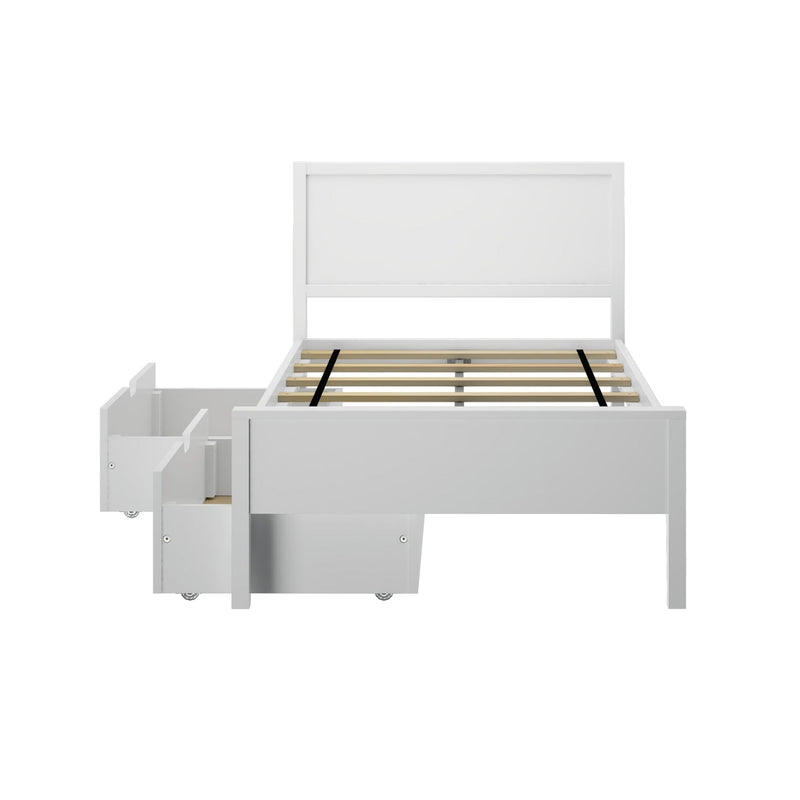 White platform storage bed frame with slatted mattress support and built-in rolling under-bed drawers, modern minimalist bedroom furniture
