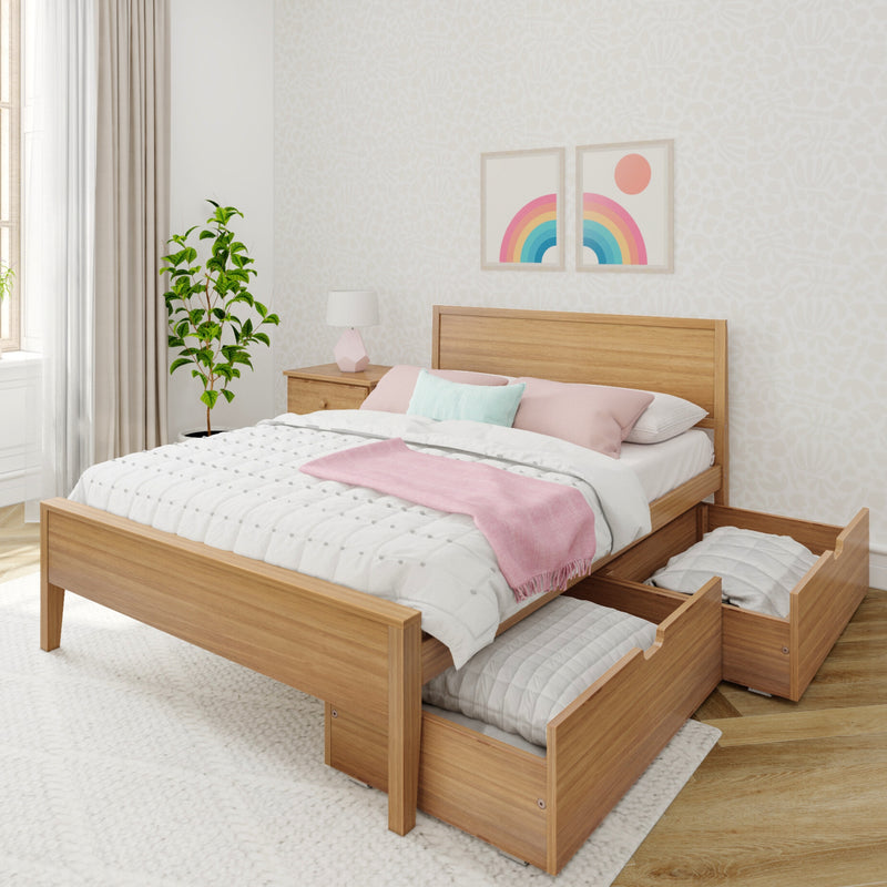 Modern Scandinavian bedroom with natural wood storage platform bed and pull-out under-bed drawers, pastel pink and mint bedding, rainbow wall art, bedside lamp, potted plant and light patterned wallpaper