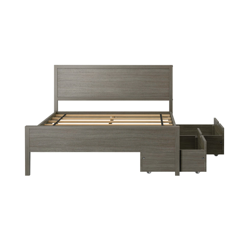 Gray wood platform bed frame with slatted base, tall headboard and built-in rolling under-bed storage drawers, modern bedroom furniture
