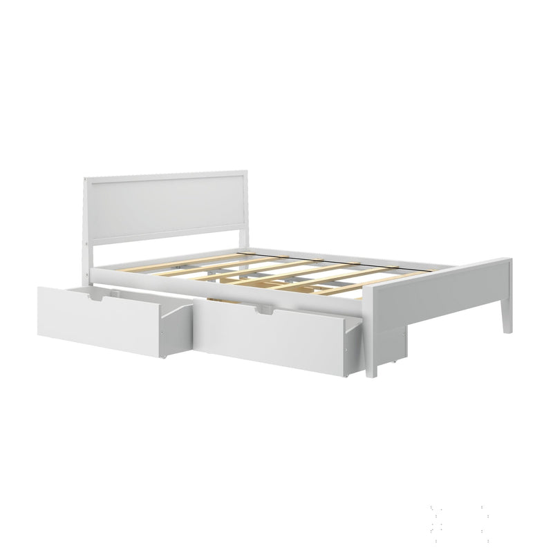 Modern white platform bed frame with headboard, wooden slat support and two under-bed storage drawers for bedroom organization