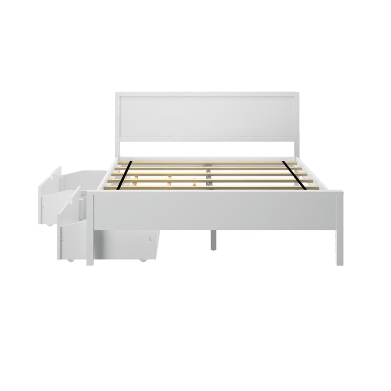 White wooden platform bed with panel headboard, wooden slatted mattress support, center support leg and under-bed pull-out storage drawers on casters