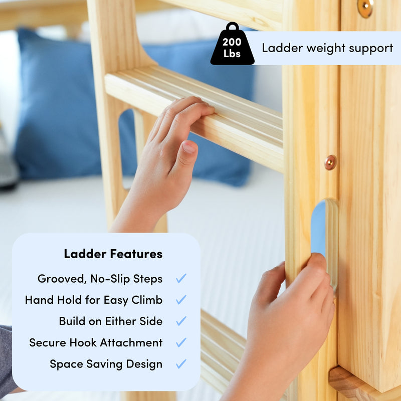 Wooden bunk bed ladder with grooved no-slip steps and hand hold, child's hands gripping rung, 200 lb weight capacity, secure hook and space-saving design