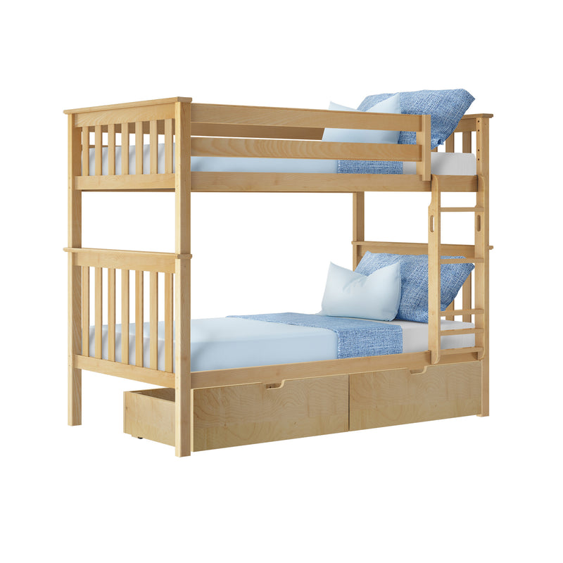 Solid wood twin-over-twin bunk bed with ladder and built-in under-bed storage drawers, natural finish and blue bedding