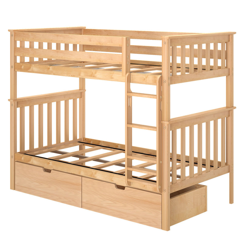 Solid wood loft bed in natural finish with ladder, slatted guardrails, mattress support slats and built-in underbed storage drawers