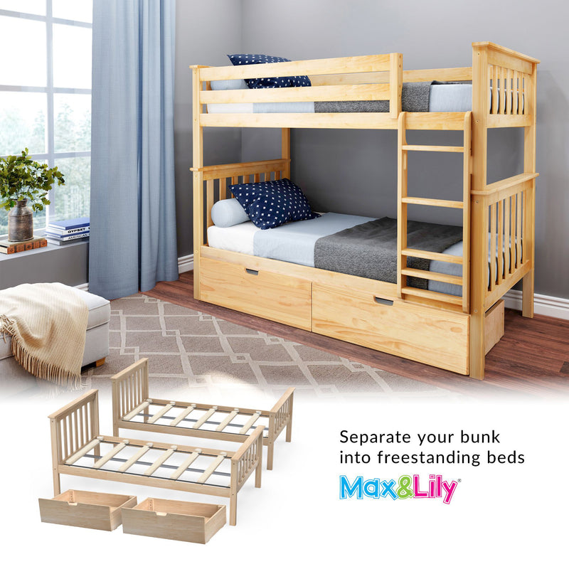 Natural pine bunk bed with ladder and under-bed storage drawers in modern kids' bedroom with blue bedding and large window