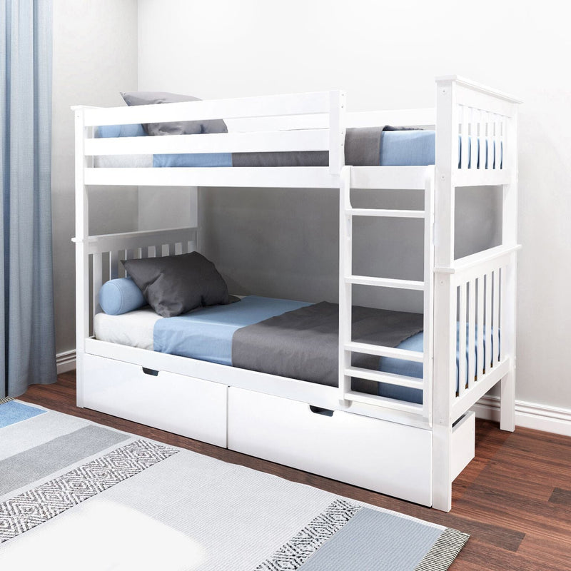 White wooden twin-over-twin bunk bed with ladder and under-bed storage drawers, blue and gray bedding in a modern kids' bedroom