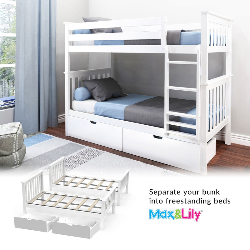 White wooden convertible bunk bed with ladder and under-bed storage drawers, blue and gray bedding in modern kids' bedroom