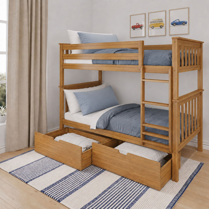 Solid wood twin-over-twin bunk bed with ladder and pull-out storage drawers, blue bedding and car wall art in kids' bedroom
