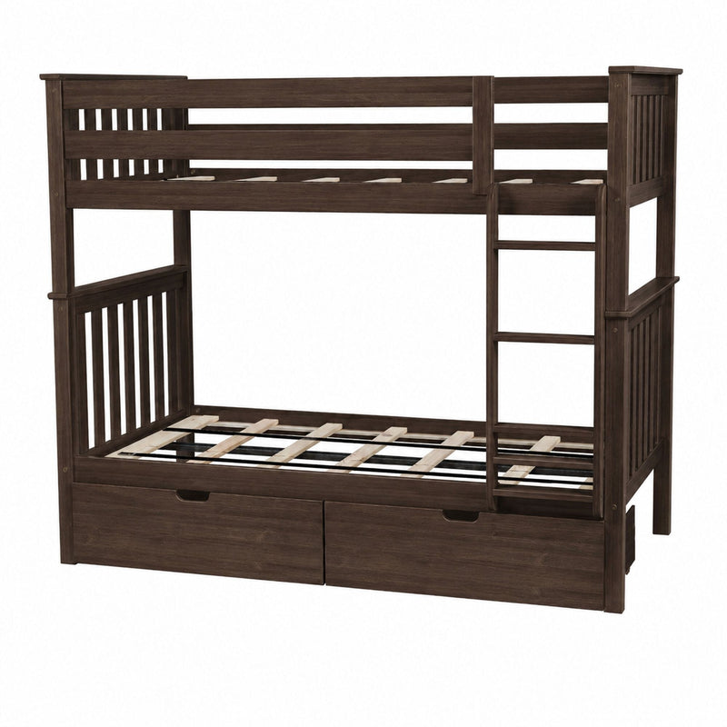 Dark brown wooden twin-over-full bunk bed with ladder, slatted guardrails, slatted mattress support and two under-bed storage drawers