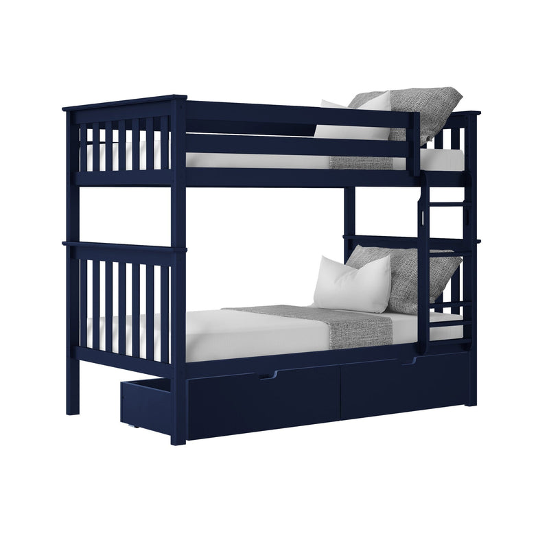 Navy blue wooden twin-over-twin bunk bed with ladder and pull-out storage drawers, white mattresses and gray bedding, modern kids loft bed