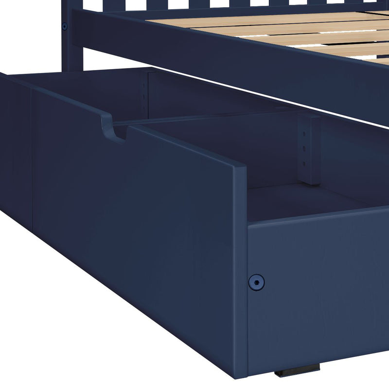 Modern navy blue platform bed frame with built-in under-bed storage drawers, wooden slatted mattress support and visible metal hardware