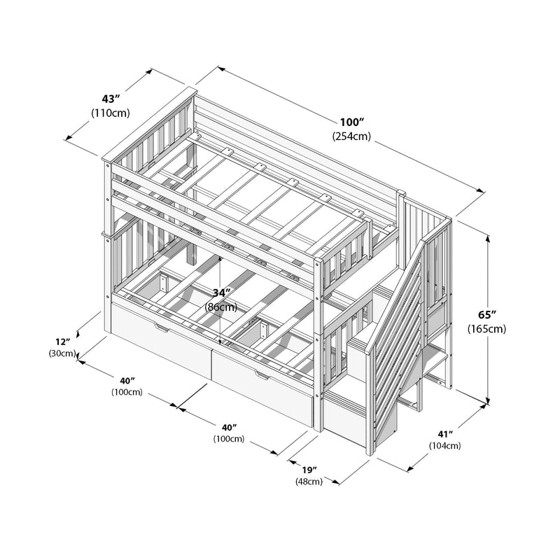 Isometric assembly diagram of a wooden loft-style bunk bed with stairs, guardrails and under-bed storage drawers, annotated with dimensions in inches and centimeters.