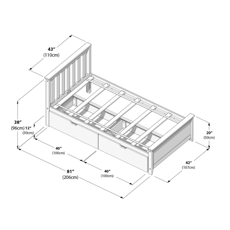 Platform bed frame with slatted support, headboard and two under-bed storage drawers — technical assembly drawing with dimensions in inches and cm (81 in × 40 in × 42 in, headboard 43 in, height 38 in)