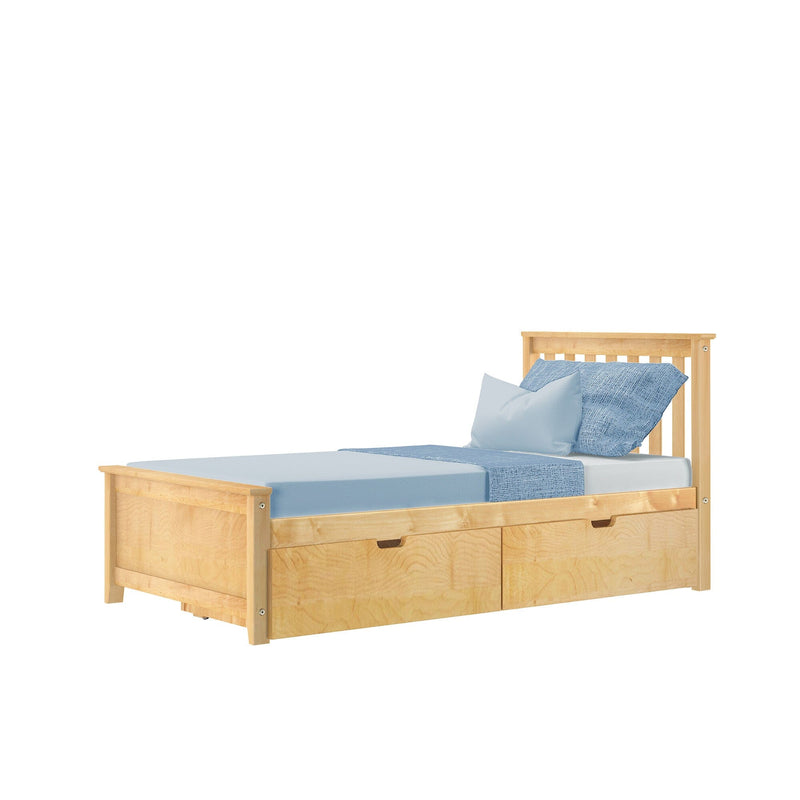 Light maple wood single bed with built-in under-bed storage drawers, light blue sheets, blanket and pillows