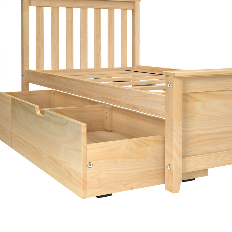 Solid pine platform bed frame with vertical slatted headboard and built-in under-bed storage drawers in natural wood finish