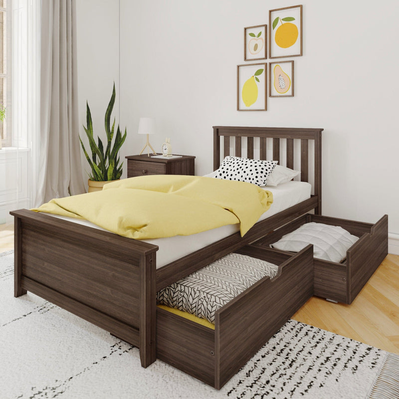 Modern wooden twin bed with under-bed storage drawers, yellow duvet and polka-dot pillow in minimalist bedroom with bedside table, potted plant and framed fruit wall art