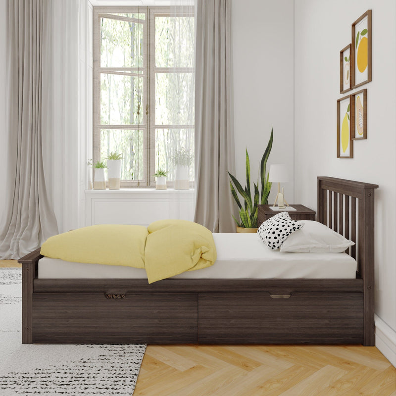 Scandinavian minimalist bedroom with dark wooden platform bed, yellow duvet, polka-dot pillow, large window with sheer curtains, indoor plants and framed fruit art