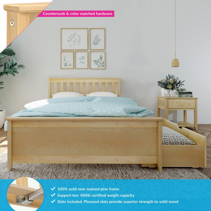 100% solid New Zealand pine bed frame with pull-out trundle storage, natural pine finish, blue polka-dot bedding, bedside table and botanical wall art