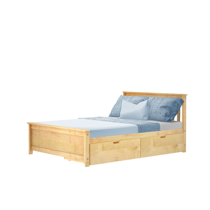 Natural wood platform bed frame with built-in underbed storage drawers and light blue quilt and pillows, modern bedroom furniture