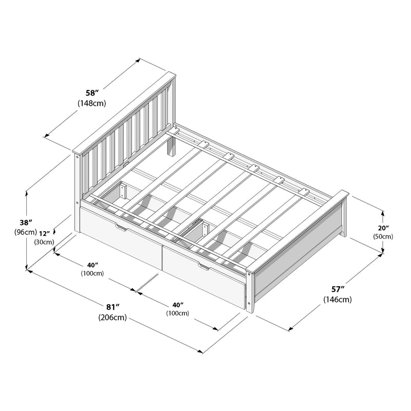 Diagram of wooden storage platform bed frame with headboard and under-bed drawers, labeled measurements (inches/cm) for assembly and dimensions