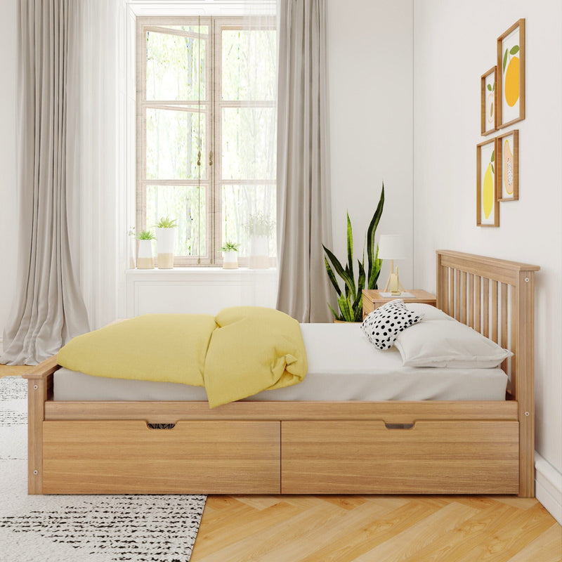 Scandinavian minimalist bedroom with wooden bed, yellow duvet, indoor plants on a sunny windowsill and framed fruit art