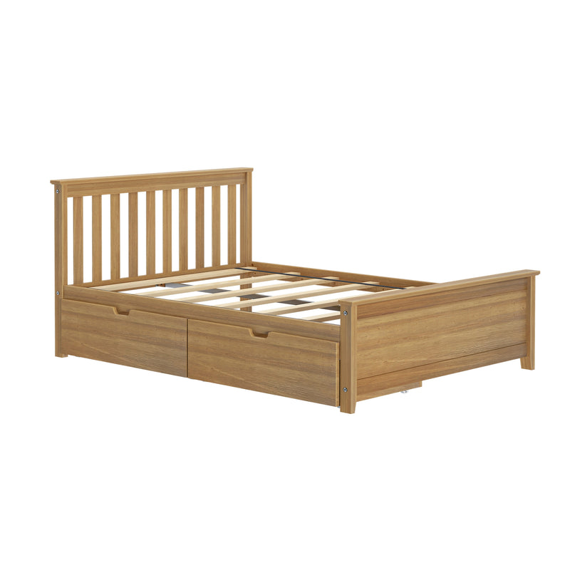 Natural oak storage bed frame with slatted headboard, platform slats and built-in under-bed drawers, modern rustic bedroom furniture.